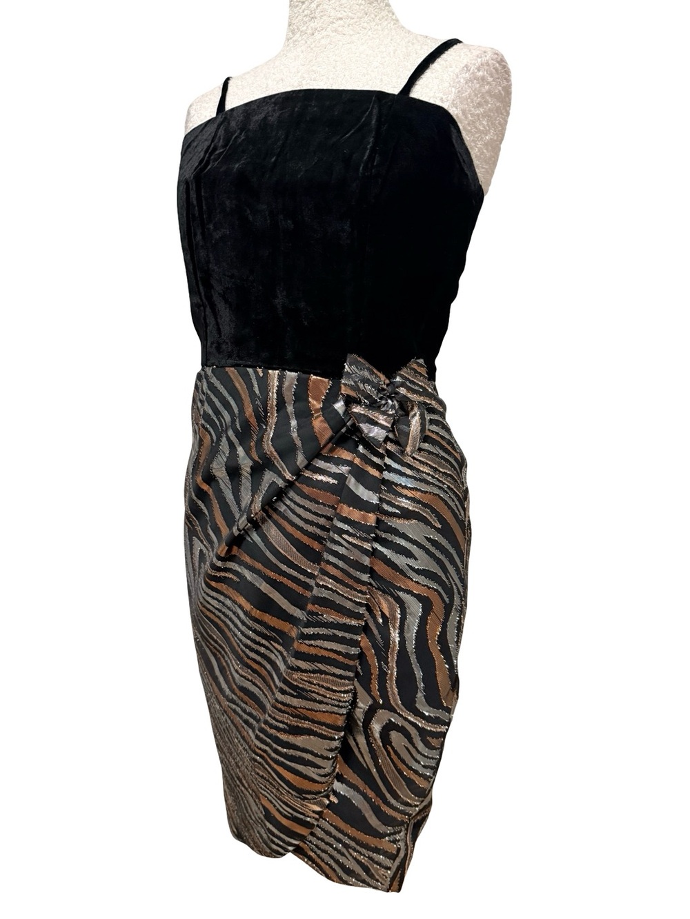 Vintage 50s Black Velvet & Metallic Zebra sarong cocktail Dress S